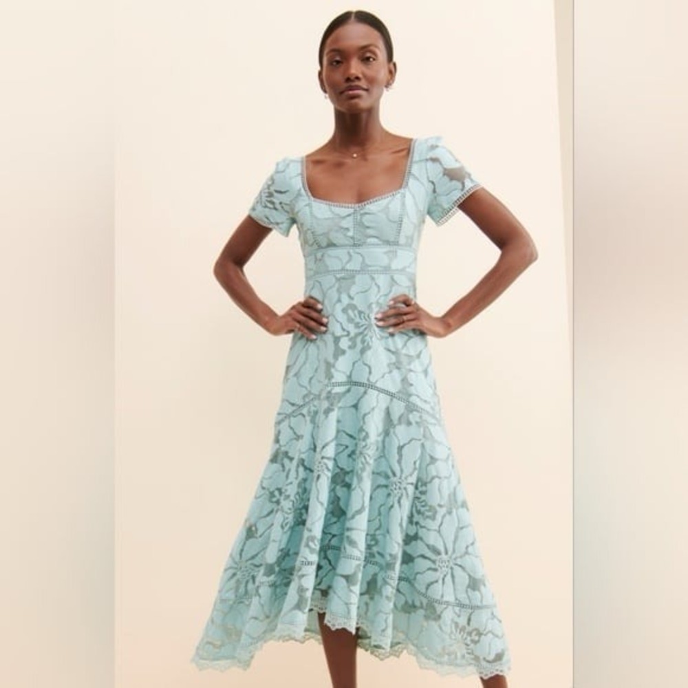 Anthropologie Cotton Blue Slim Floral Lace Maxi Dress Coquette Feminine 10p